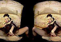 Rebeka Black in cosplay uses dildo for masturbation in 3D VR.