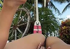 Asian Latina Babe Luna Luxe Masturbates Hairless Pussy in Pink Bikini Outdoors
