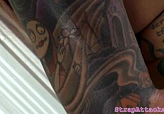 tattooed milf dominatrix pegs black sub with strapon