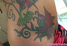 tattooed milf dominatrix pegs black sub with strapon