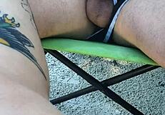 Guy Jerks Off on Public Beach, Squirts on Legs