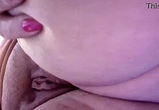 Intriguing close up on milf's big tits and hairless pussy play