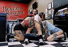 Bold milfs with tattoos indulge in blowjobs and wild sex.