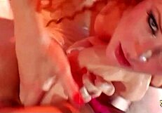Raunchy redhead and blonde use huge toys for anal foursome