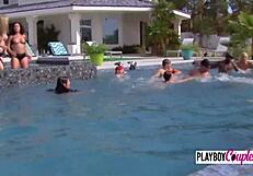 Couples Steam Up Foreplay In The Pool With Blowjobs And Oral.