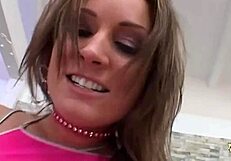 after the guy finishes on one brunette's ass, he has the other lick it