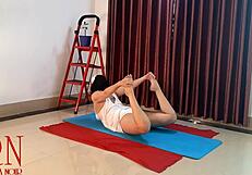 Regina Noir, doing yoga in white panties at the gym