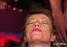 Unusual hottie GETS CUM SHOT on FACE gulping