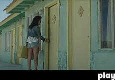 Perfect brunette Alexandra Tyler poses naked outdoors, showing her big tits