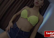 gorgeous busty ladyboy teases with solo cock play