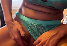 My blonde wife wearing only blue lace lingerie to give her embarrassed husband a blowjob and then I fuck her pussy until I shoot my load