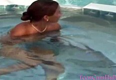 Check out this teen model's big tits teasing in bikini by the pool