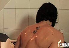 Exciting milf lesbian swingers enjoy passionate fun in steamy bathroom