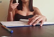 Beautiful Colombian teen stepsister flashes her panties under miniskirt in voyeur scene.