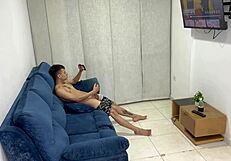 My stepsister catches me masturbating and she happily joins me for rough sex which gives her own first orgasm