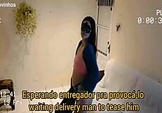 Hot girl in panties attends the delivery guy