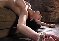 Hé, regarde cette nana aux gros seins avec une chatte poilue, toute attachée !