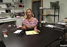 mature milf gives pov handjob to big cock, showing big tits