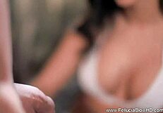 loving brunette babe gives blowjob and handjob