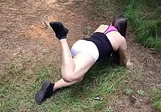 Spanish beauty strips in the woods and pleasure her men