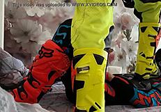 gay biker in motocross costume gets boots tread 😏