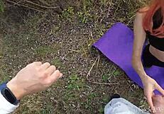 Redhead Kitty Sucks Stranger's Cock and Gets Bent Over for Outdoor Doggy Fucking with Swallow