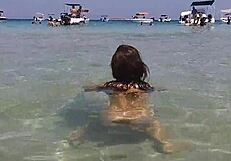 Sexy Long Legs Flash Hairy Pussy on Beach Without Panties