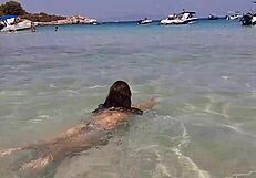 Sexy Long Legs Flash Hairy Pussy on Beach Without Panties