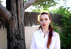 Bewildered older beautiful red-haired woman with nice hot bosom and perfect nurse uniform on her first audition