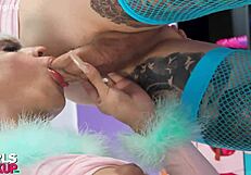 Tgirls hookup in garage turns rough with humiliating bareback pounding.