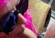 european milf in bedroom with gloves and fishnets