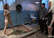 bound brunette peeing publicly in bizarre group punishment scene