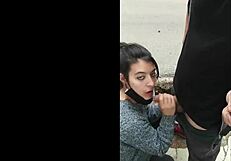 Brunette babe gives blowjob in public street