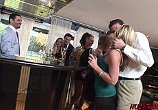 Short-haired blonde rides in group activity