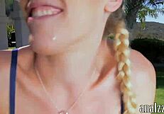 Hot blonde girlfriend experiments with anal sex and blowjob outdoors with friend's big cock