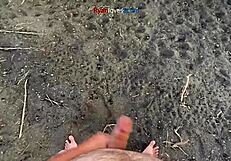 brunette masturbates cock under bridge in homemade solo