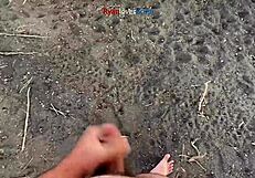 brunette masturbates cock under bridge in homemade solo