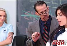 Two Petite 18+ Girls Take Turns Blowing Teacher in Oral Sex