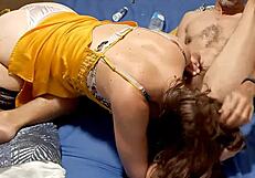 french amateur in yellow satin dress enjoys doggystyle blowjob and rimming passionately