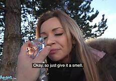 Public Agent sets up a daring cum tasting test with Tina Princess. She gets deepthroat action outdoors in a steamy POV hotel scene.