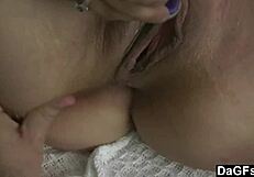 A beautiful naked girl with glasses stimulating toys before full sex