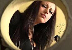 Pretty Brunette Milf Angelica Raven Sucks Big Cock Through Glory Hole, Showing Shaved Pussy