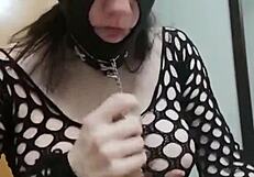 Submissive in mask performs deep throat and runs