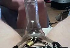 This caged cock gets teased inside a fleshlight sleeve