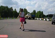 jeny smith flashes her cute ass under skirt outdoors, teasing with upskirt fetish on legs