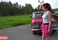 jeny smith flashes her cute ass under skirt outdoors, teasing with upskirt fetish on legs