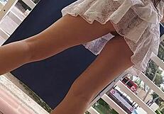 Morning Wake Up! No Panties Flash on the Patio and Balcony Stuns Everyone. What a Bold Start!