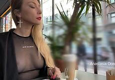 Flashing Tits in Cafe! See Through No Bra!