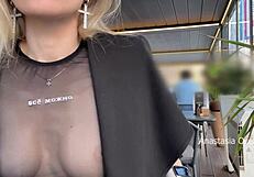Flashing Tits in Cafe! See Through No Bra!