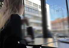 Flashing Tits in Cafe! See Through No Bra!